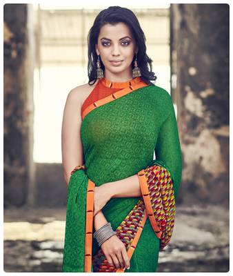 Green printed georgette saree with blouse 2