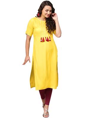 Yellow plain rayon kurti 1