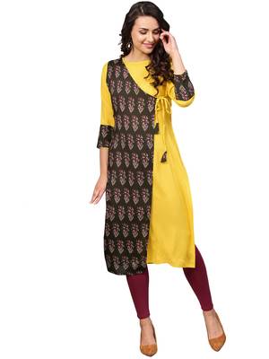 Yellow printed rayon kurti 1