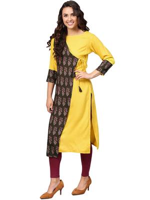 Yellow printed rayon kurti 2