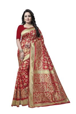 Red Woven Banarasi Saree With Blouse 1