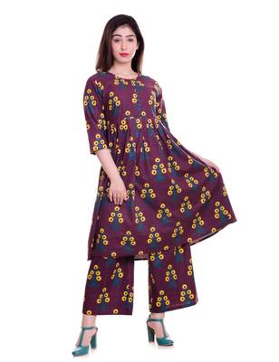 Maroon Jaipur Printed Cotton Flared Kurta Palazzo Set 1