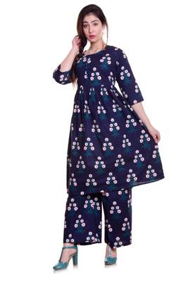 Navy Blue Jaipur Printed Cotton Flared Kurta Palazzo Set 1