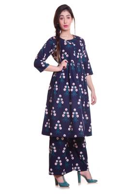 Navy Blue Jaipur Printed Cotton Flared Kurta Palazzo Set 3