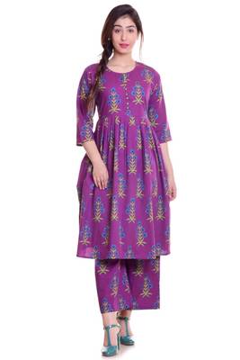 Purple Jaipur Printed Cotton Flared Kurta Palazzo Set 1