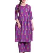 Purple Jaipur Printed Cotton Flared Kurta Palazzo Set