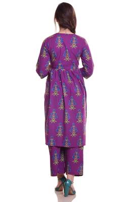 Purple Jaipur Printed Cotton Flared Kurta Palazzo Set 2