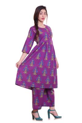 Purple Jaipur Printed Cotton Flared Kurta Palazzo Set 3
