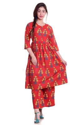 Red Jaipur Printed Cotton Flared Kurta Palazzo Set 1