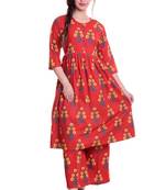 Red Jaipur Printed Cotton Flared Kurta Palazzo Set