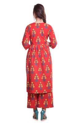 Red Jaipur Printed Cotton Flared Kurta Palazzo Set 2