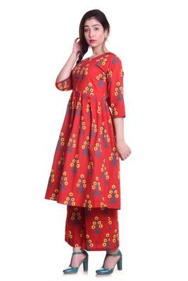 Red Jaipur Printed Cotton Flared Kurta Palazzo Set 3