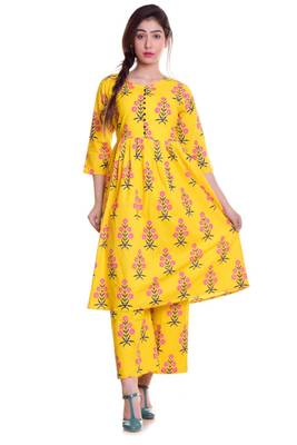 Yellow Jaipur Printed Cotton Flared Kurta Palazzo Set 1