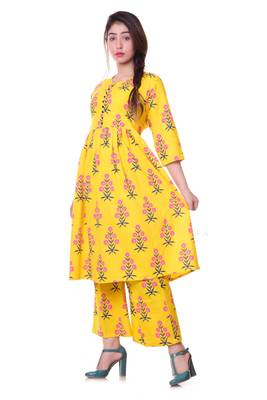 Yellow Jaipur Printed Cotton Flared Kurta Palazzo Set 3