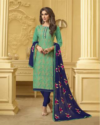 Green embroidered banarasi cotton kameez with dupatta 1