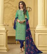 Green embroidered banarasi cotton kameez with dupatta