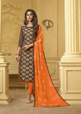 Brown embroidered banarasi cotton kameez with dupatta 1