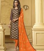 Brown embroidered banarasi cotton kameez with dupatta