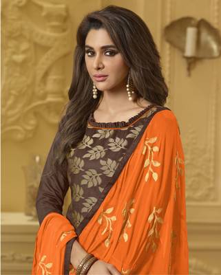 Brown embroidered banarasi cotton kameez with dupatta 2