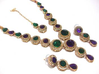 Purple and Green Color Stone Round Necklace set 1