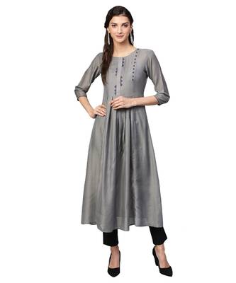 Grey Solid Muslin Silk Kurta 1