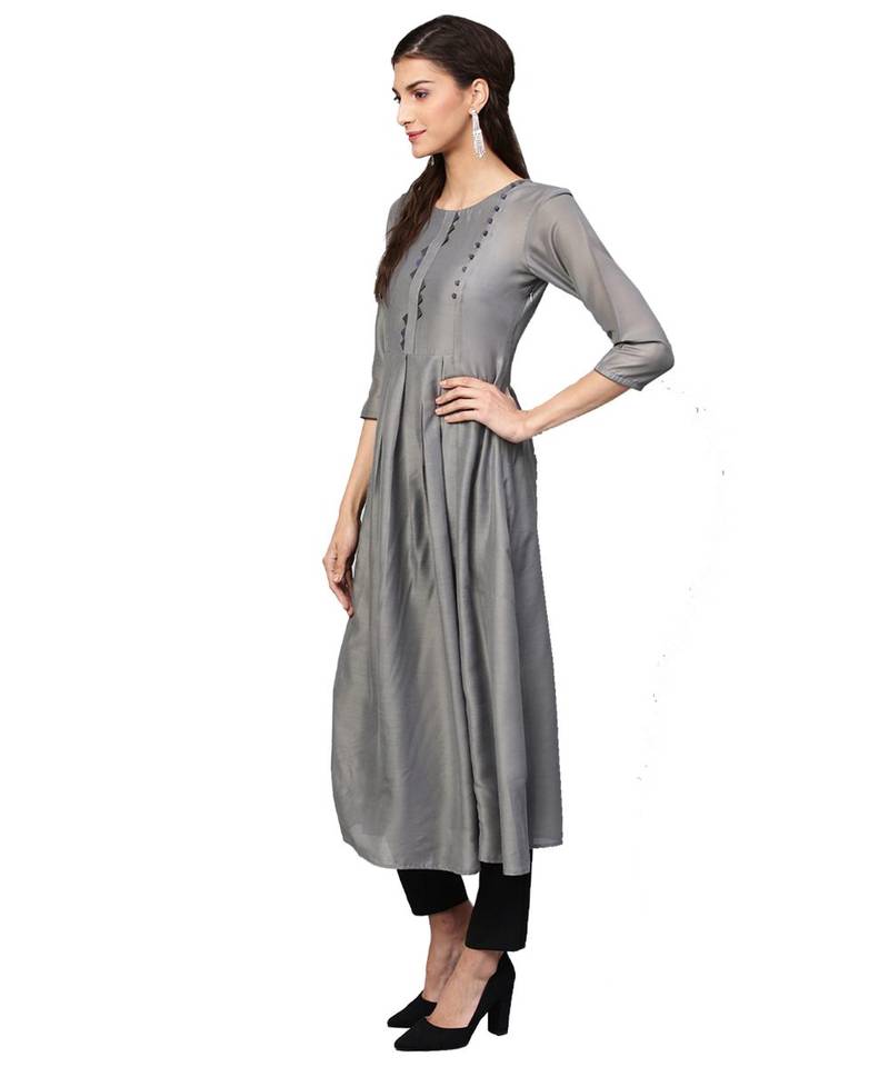 Grey Solid Muslin Silk Kurta