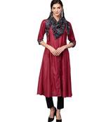 Maroon Solid Muslin Silk Kurta With Stole