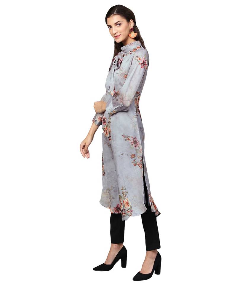 Grey Digital Print Satin Kurta