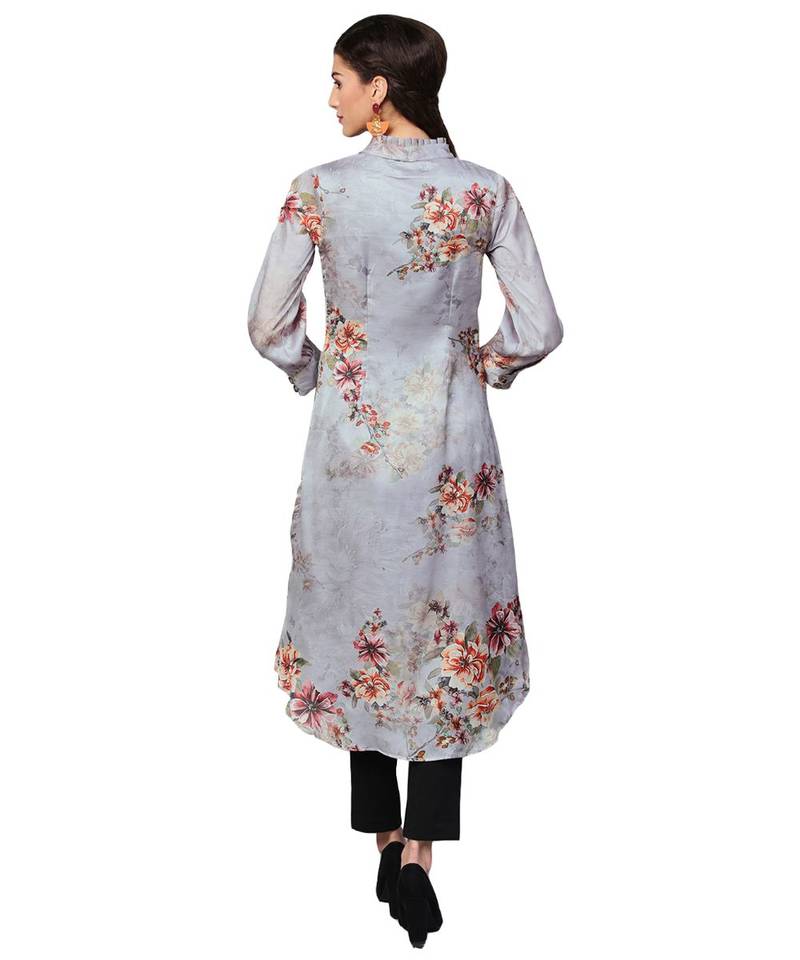 Grey Digital Print Satin Kurta