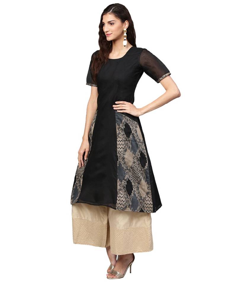 Black Solid Chanderi Cotton Kurta