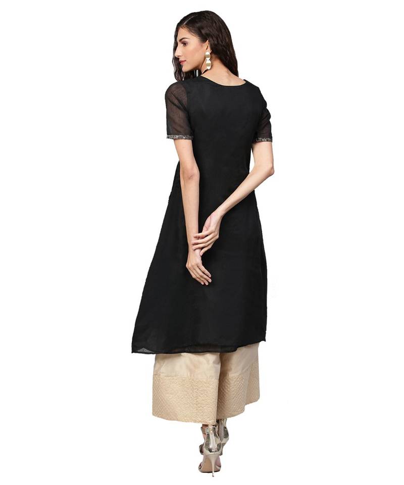 Black Solid Chanderi Cotton Kurta