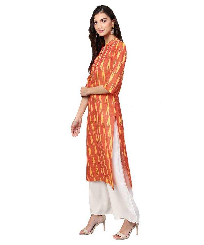 Orange Cotton Ikkat Kurta
