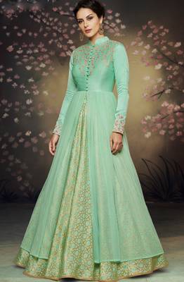 Sea-green embroidered net salwar with dupatta 1