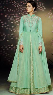 Sea-green embroidered net salwar with dupatta 2