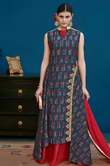 Blue floral print silk salwar with dupatta