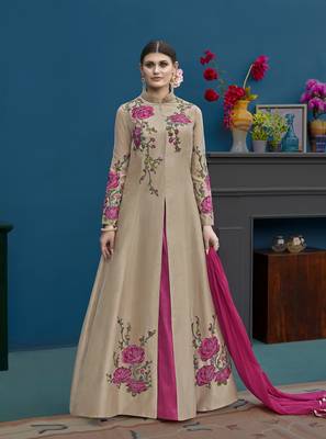 Beige embroidered silk salwar with dupatta 1