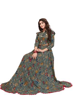 Grey printed rayon long kurti 1