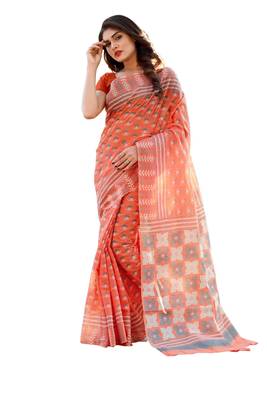 Orange printed satin saree with blouse 1