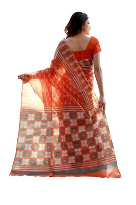 Orange printed satin saree with blouse 2