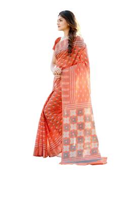 Orange printed satin saree with blouse 3