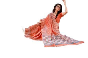 Orange printed satin saree with blouse 4