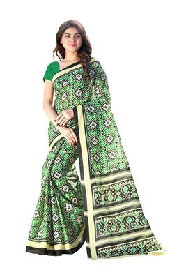 Green printed satin saree with blouse 1