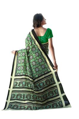 Green printed satin saree with blouse 2
