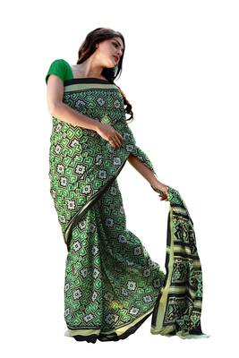 Green printed satin saree with blouse 3