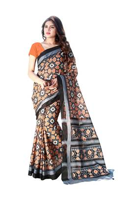 Orange printed satin saree with blouse 1