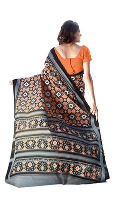Orange printed satin saree with blouse 2