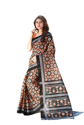 Orange printed satin saree with blouse 4