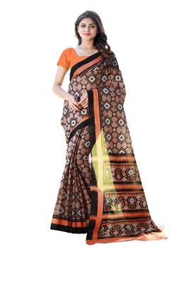 Orange printed satin saree with blouse 1