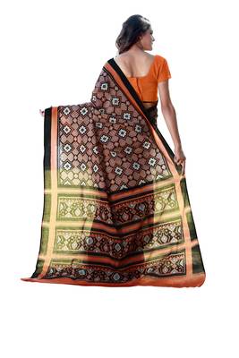Orange printed satin saree with blouse 2