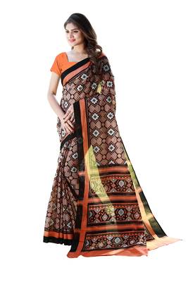 Orange printed satin saree with blouse 3